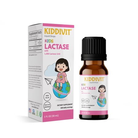 Kiddivit Lactase Drops 1000 Units for Kids - 100 Daily Servings, 1 FL OZ (30 mL) - Built-In Dropper, Glass Bottle - Gluten Free, Vegetarian Friendly