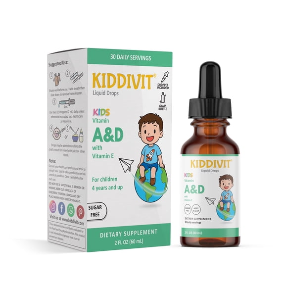 Kiddivit Vitamin A&D Liquid Drops for Kids With Vitamin E - 30 Daily Servings, 2 FL OZ (60 mL) - Dropper Included, Glass Bottle - Sugar Free, Gluten Free, Vegetarian Friendly
