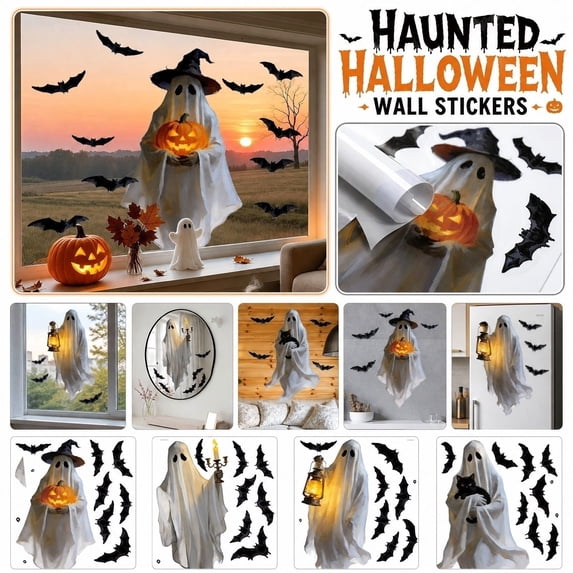 Kiddiway 4 Types Halloween Lantern Ghost Wall Stickers - Self-Adhesive Scary Bat PVC Decals for Window, Party - Halloween Stickers, Halloween Party Decorations,D