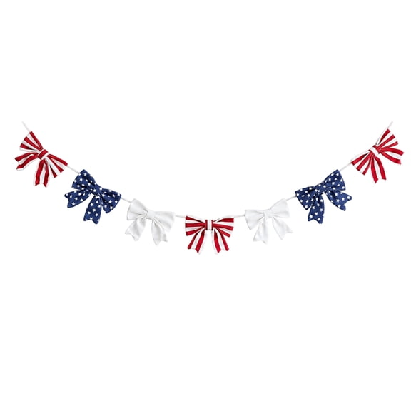 Kiddiway 4th of July Patriotic Bow Garland - Red White Blue Pre-Assembled Banner for Independence Day 250th Anniversary Mantel Fireplace Wall Hanging Decor Outdoor Party Supplies,White