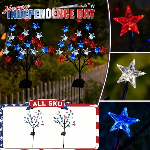 Kiddiway 4th of July Solar Star Lights - 2 Pack Firework Style Stick Stake Lights, Star Yard Light Tree for Outdoor Garden Pathway, 4th of July Firework Lights for Independence Day