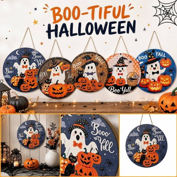 Kiddiway 8-Inch Halloween Wooden Pumpkin Round Sign - Hanging Door Decor for Party, Fall Plaque - Halloween Decor, Cute Halloween Decorations,B