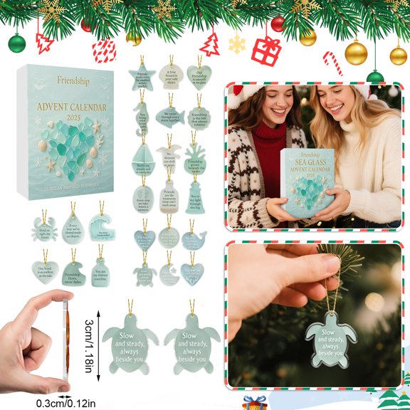 Kiddiway Advent Calendar Mystery Box - Friendship Sea Glass Pendant Surprise, Christmas Countdown Gift for Best Friends, Double-Sided Decor and Holiday Box