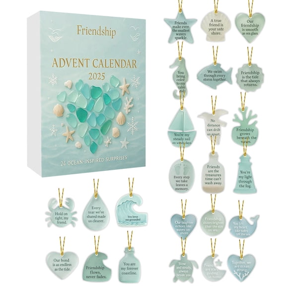 Kiddiway Advent Calendar for Kids Friendship Sea Glass 2D Pendants Daily Surprise, Themed Holiday Tree Decor Mystery Box