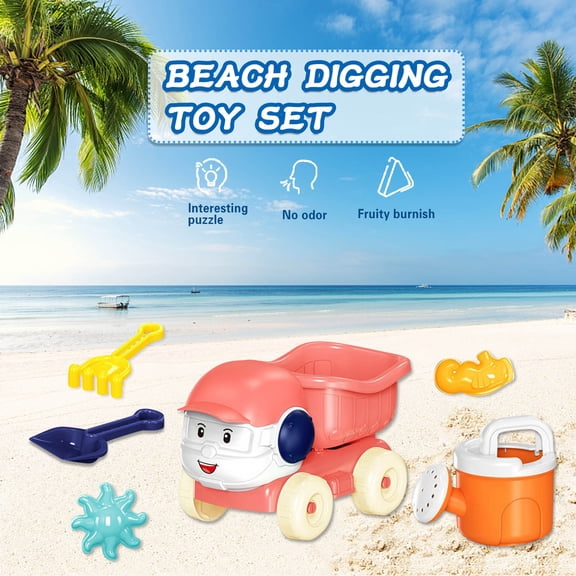 Kiddiway Baby Beach Toys Soft Rubber - 6PCS Multifunctional Parent-Child Interactive Educational Set, for Sand & Snow, with Bucket, Shovel, Digger Car