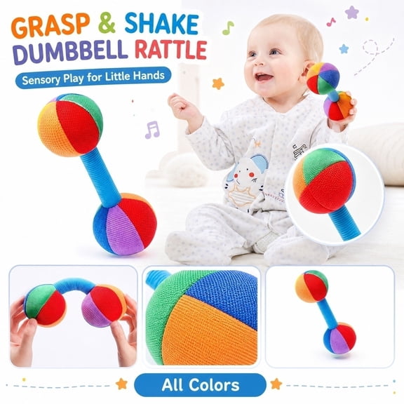 Kiddiway Baby Grasping Rattle Dumbbell Toy - Plush Figurine & Cute Plushies, Baby Rattles & Plush Rings, Colorful Fine Motor, Easy-Grip Teether, Visual Stimulation, Infant
