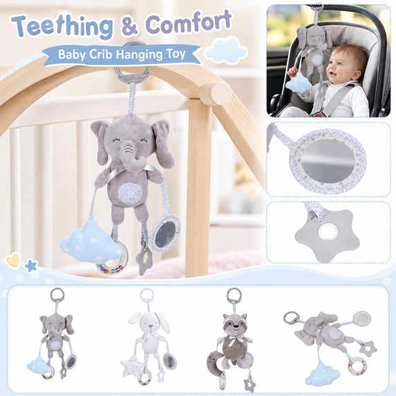 Kiddiway Baby Hanging Toy with Teether - Plush Figurine & Cute Plushies, Baby Car Toys & Stroller Toys, Soothing BPA-Free Teether, Sensory Development, Newborn Gift,a