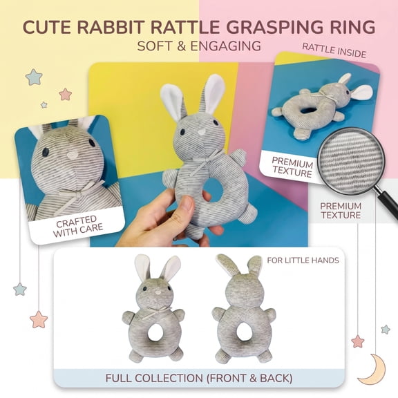 Kiddiway Baby Rabbit Teething Ring Toy - Soft Striped Grasping Teether for Infants, Great Baby Toys for Sore Gums, Motor Skills, and Chewing; Safe for Babies,Gray