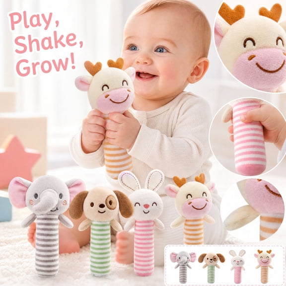 Kiddiway Baby Rattle Stick Plush Toy, Soft Grasping and Soothing Toy for Infants and Toddlers, Stuffed Animal for Sensory Play, 6.5 Inch