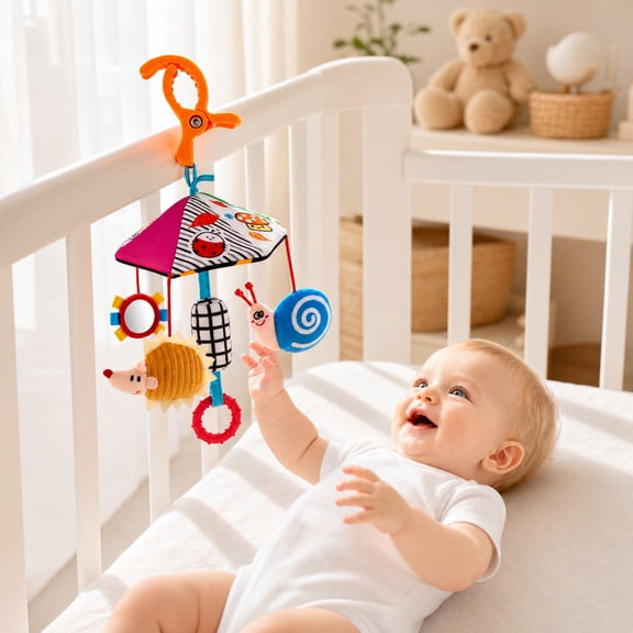 Kiddiway Baby Rotating Mobile Hanging Toy with Plush - Cute Plushies, Plush Figurine, Baby Car Toys & Stroller Toys, Soft Plush Sensory, Bedside Crib, Easy Clip, Newborn Infant,b