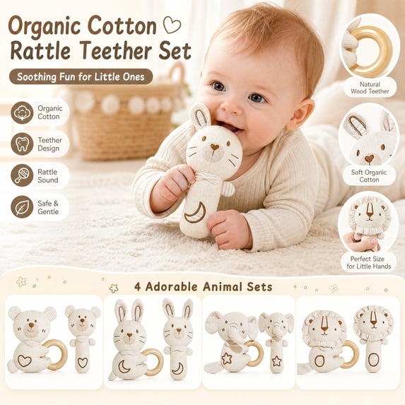 Kiddiway Baby Soft Cotton Rattle Teether Set - Organic Cotton Stuffed Animal Style, Organic Cotton Baby Toys, Plush Figurine, Soothing Teether, Sensory Development, Stroller Hanging,c