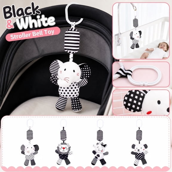 Kiddiway Baby Stroller Hanging Rattle Toy with Bells - Black and White Contrast Rattle, Great Baby Toys for Visual and Auditory Stimulation; Perfect Sensory Toy for Newborns and Infants,c