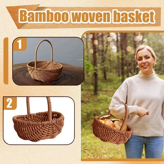Kiddiway Basket with Handle Harvest Basket - Hand Basket Wicker Light and Soft, Outdoor Storage Basket, Splinter-Free, Woven Plastic Rattan for Easter Picnic Home Decor,B