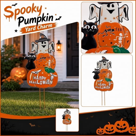 Kiddiway Halloween Decor Outdoor Garden Decor - Metal Pumpkin Lawn Stake with Iron Frame for Seasonal Fall Yard Display,Orange