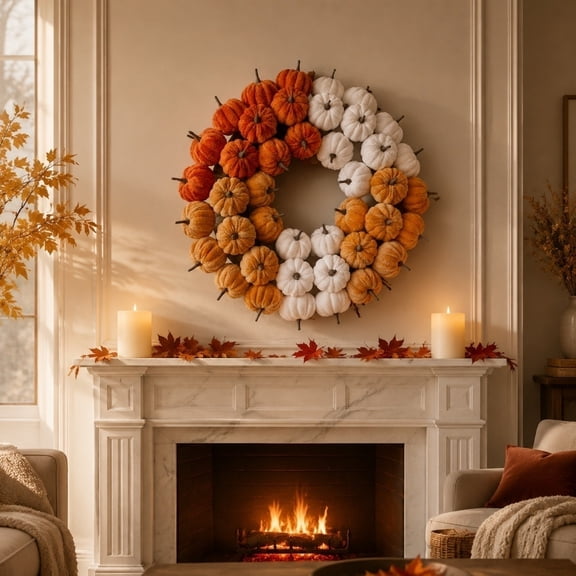 Kiddiway Halloween Fall Wreath Colorful 3Shade Pumpkin Design, Versatile for Thanksgiving, Halloween, and Outdoor Garden Decor