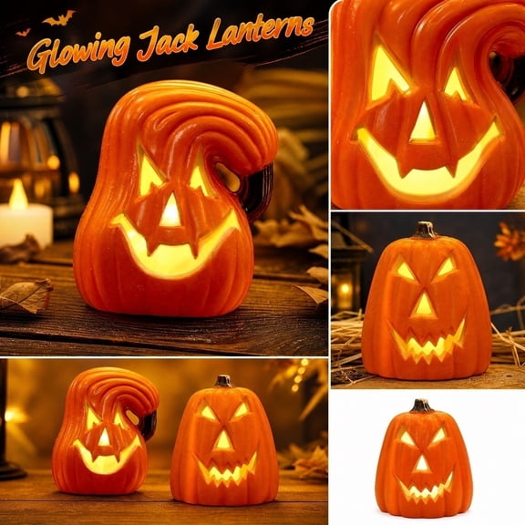 Kiddiway Halloween Glowing Plastic Pumpkin Lamp - LED Jack-O'-Lantern with Scary Face, Vintage Halloween Decor for Party Porch Yard Indoor, Eye-Catching Glow,B