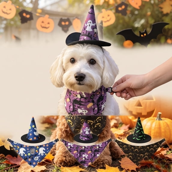 Kiddiway Halloween Hat and Bandana Set – Costume Accessory for Cats and Dogs, Ideal for Halloween Decor, Parties, and Trick-or-Treat Celebrations,Purple