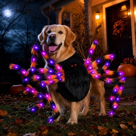 Kiddiway Halloween LED Light-Up Spider Outfit for Pets - Glowing Harness Costume for Dogs and Cats, Perfect for Nighttime Festivities, Parades, and Halloween Cat Wear,Black,M