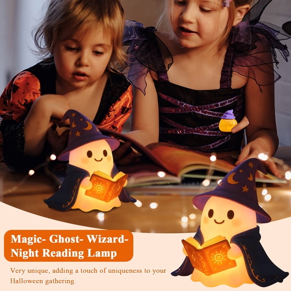 Kiddiway Halloween Magic Ghost Wizard Night Reading Lamp – Ghost Bookshelf Lantern for Bedroom, Cute Halloween Decor for Book Lovers, Spooky Desk Accent,B