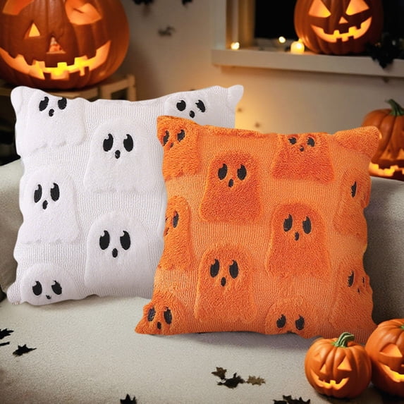 Kiddiway Halloween Throw Pillows 18x18 - Set of 2 Ghost Faux Fur Soft Pillow Covers, Fluffy Plush Accent Throw Pillow Case for Couch Sofa Halloween Decor,Saffron