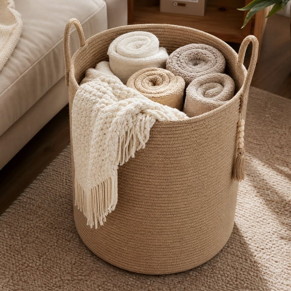 Kiddiway Handwoven Woven Storage Basket - Natural Rattan, Storage Bins, Toy Storage, Blanket Storage, Shelf and Closet Organizer, Laundry Basket, Hand Basket Wicker Soft,yellow