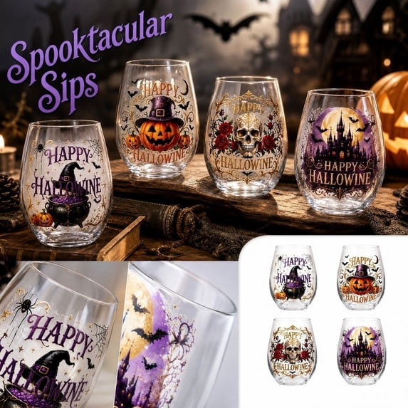 Kiddiway Happy Halloween Glass Tumbler – Spooky Cup with Festive Lettering, Ideal as Halloween Wine Glasses for Parties, Everyday Drinks, and Holiday Fun,B