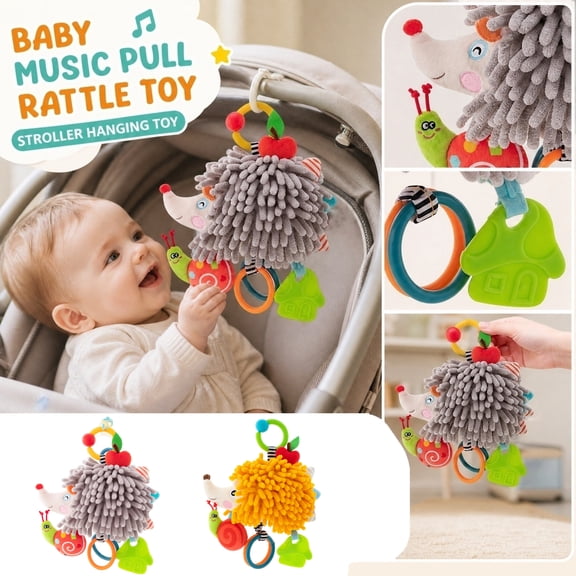 Kiddiway Happy Monkey Baby Musical Pull Toy with Bell - Plush Figurine Hedgehog, Cute Plushies, Baby Rattles & Plush Rings, Bell Sounds, Sensory, Car Stroller Hanging,Gray