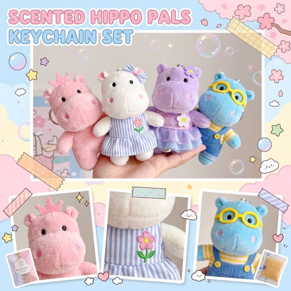 Kiddiway Hippo Plush Keychain with Scent – Small Stuffed Animals Keyring, Cute Plushies for Backpack Decoration, Plush Figurine Style, Perfect Gift for School-Age Kids and Teens,D