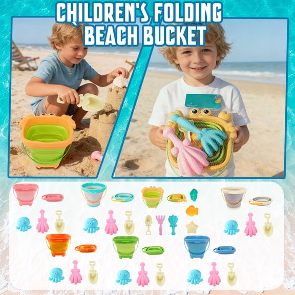Kiddiway Kids Beach Toys Foldable Bucket - Sand Mold, Shovel, Rake, Colors May Vary, Suitable for Toddler Boys and Girls Ages 3-7,D
