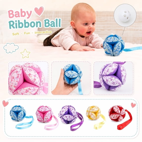 Kiddiway Ribbon Ball Toy for Babies - Soft Grasping Interactive Ball with Colorful Ribbons, Great Baby Toys for Sensory Play, Coordination, and Fun; Perfect for Toddlers,Red