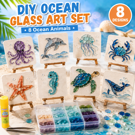 Kiddiway Sea Glass Art Kit - DIY Mosaic Craft Set with Adhesive, Great for Sea Glass Crafts and Glass Art Projects, Fun Craft Kits for Adults and Kids, Creative Home Decor,F