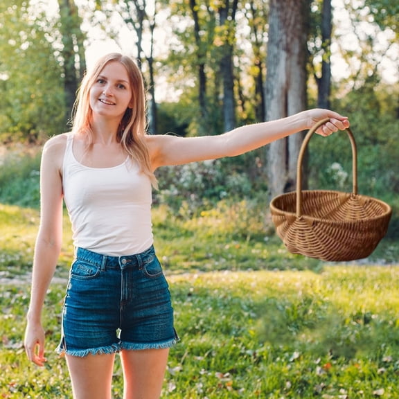 Kiddiway Small Woven Plastic Rattan - Basket with Handle, Harvest Basket, Hand Basket Wicker Light and Soft, Outdoor Storage Basket, Splinter-Free for Easter Picnic Home Decor,A