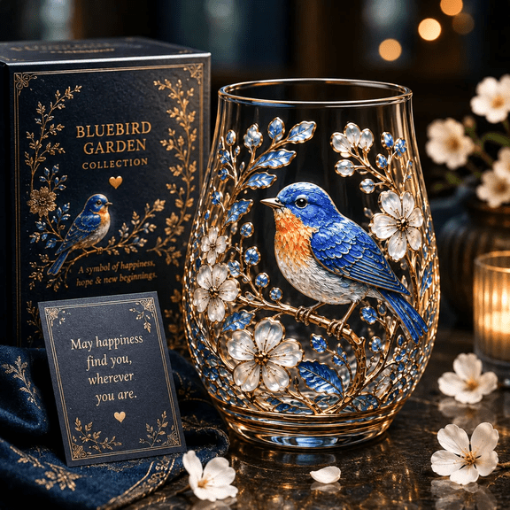 Kiddiway Sparrow Blue Glass Tumbler Decorative Water Tumbler with Bird Motif, Ideal for Tea, Coffee, and Daily Refreshments, Gift for Nature Admirers