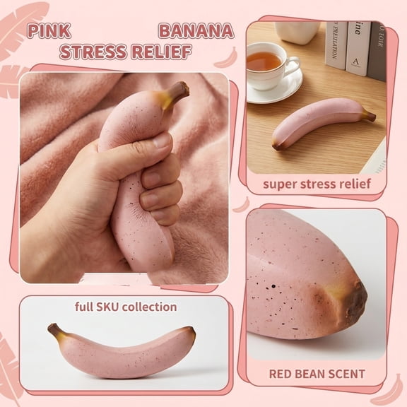 Kiddiway Squishy Slow Rise Stress Ball Pink Banana Shape with Silky Texture, Sensory Stress Relief Squeeze Toy for Office Relaxation,Pink