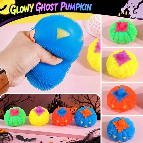 Kiddiway Squishy Stress Relief Glow Pumpkin - Light Up Squeeze Toy with Glitter Squishy Texture, Slow Rising Stress Ball for Halloween, Sensory Calming,Green