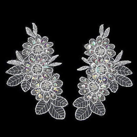 Kiddo 5.5"x3.25" White Pearl Iridescent Sequins Floral Organza Applique by Pair