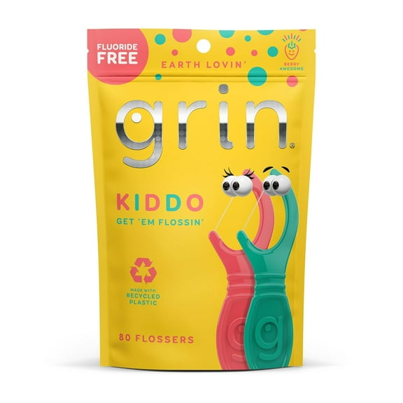 Kiddo Flossers, Berry Awesome Flavor, Recycled Plastic, Jumbo Grip, Get Your KIDDOS Flossin Early, Larger Floss Head, Child Safe! 80 Count, Floss Picks, Dental Flossers