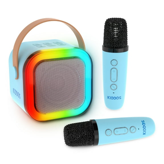 Kiddos LED Mini Karaoke Machine, Bluetooth Speaker with 2 Wireless Microphones, Blue