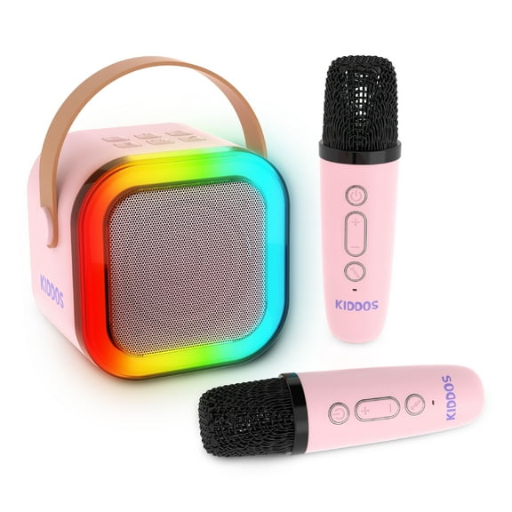Kiddos LED Mini Karaoke Machine, Bluetooth Speaker with 2 Wireless Microphones, Pink