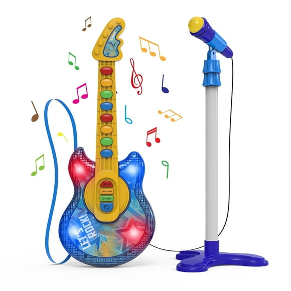 Kiddos Toy Electric Guitar and Microphone with Stand Set for Kids, Blue