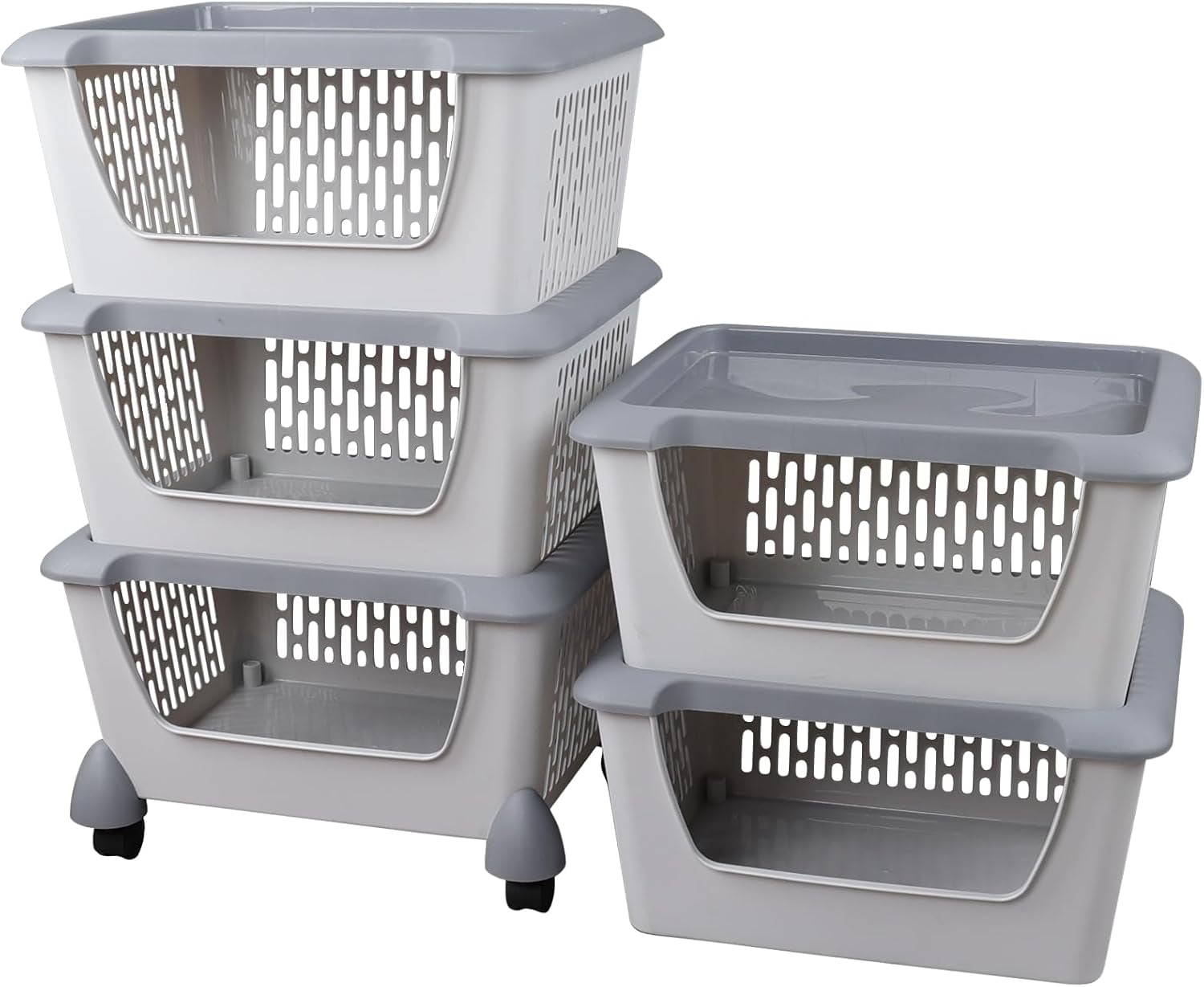 Kiddream 5 Tiers Plastic Stackable Baskets with Wheels, Grey Stacking