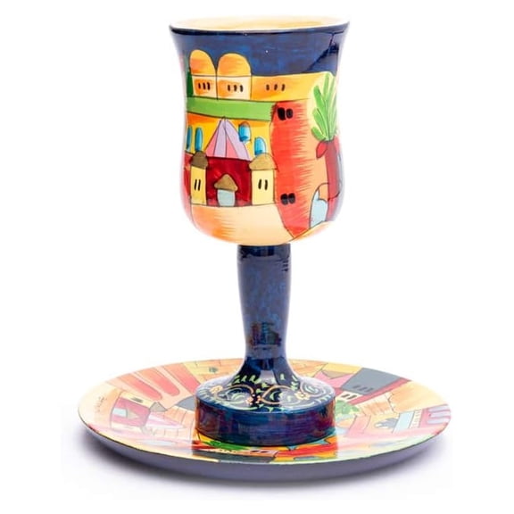 Kiddush Cup and Saucer Set with Jerusalem Scene (CU-1)