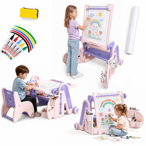 Kids Art Desk with Easel, Paper Roll, Storage Bins, Adjustable Height, Pink, for Boys Girls Kids Ages 2-6