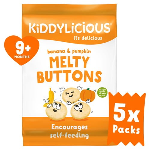 Kiddylicious Banana & Pumpkin Melty Buttons Baby Snacks Multi 5 x 6g, British Import (Pack of 3)