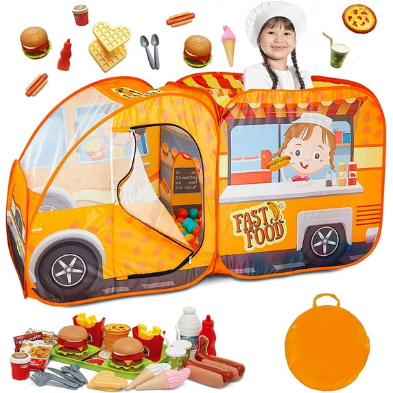 "Kiddzery Food Truck Play Tent with 54 Pc. Food Set - Indoor & Outdoor Pretend Playhouse for Kids"