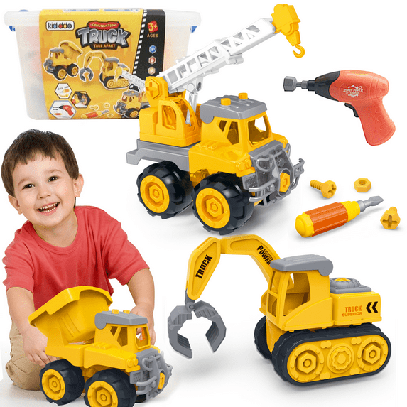 Kididdo Take Apart Trucks, Dump Truck, Excavator, Crane, Construction Toys Gift Set for Kids Age 3-5