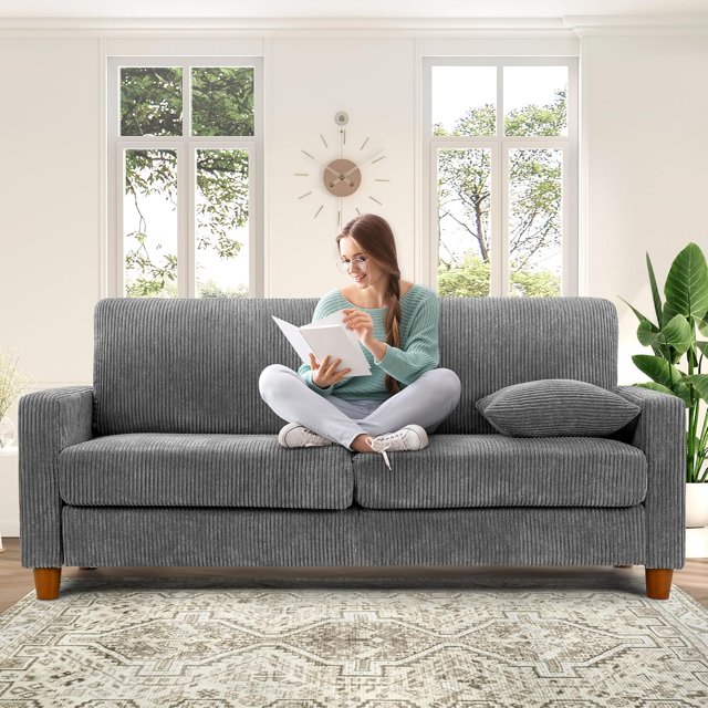Kidirect 70in Grey Sofa, Couches for Living Room 21in Extra Deep Seats, Corduroy Sofas for Living Room No Tool Assembly, Modern Oversized Love Seat with 2 Pillows, Sofa Couch for Bedroom