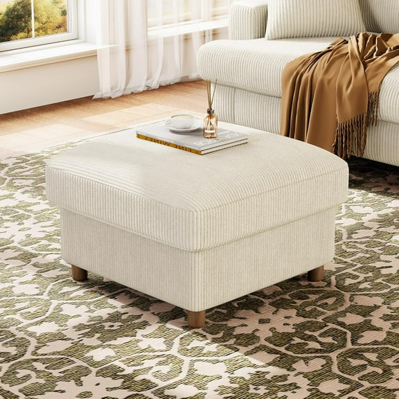 Kidirect Beige Corduroy Storage Ottoman, 25" Large Living Room Ottoman, Tool-Free Setup Ottomans with Storage, Solid Wood Coffee Table, Comfy Bench for Bedroom, Ottomans for Living Room Home Office