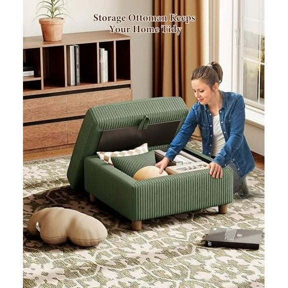 Kidirect Green Corduroy Storage Ottoman, 25" Large Living Room Ottoman, Tool-Free Setup Ottomans with Storage, Solid Wood Coffee Table, Comfy Bench for Bedroom, Ottomans for Living