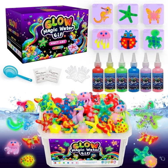 Kiditos Glow in The Dark Magic Water Elf Toy Kit-Squishies for Kids, 6 Gels & 6 Molds, Magic Gel Water Pets Sensory Toy, Fun DIY Craft Kit, Party Favors, Birthday & Summer Gifts for Kids Ages 3+
